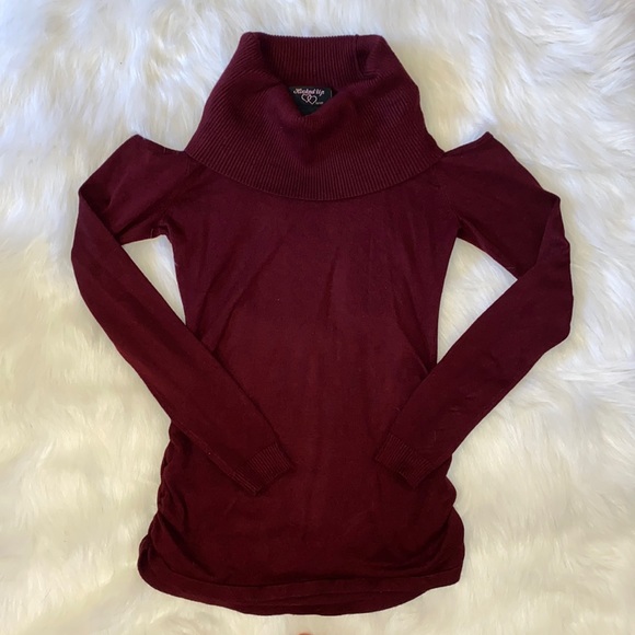 Hooked Up Burgundy Turtle Neck Cut Out Shoulder Ruched Side Long Sleeve Top - Picture 1 of 4